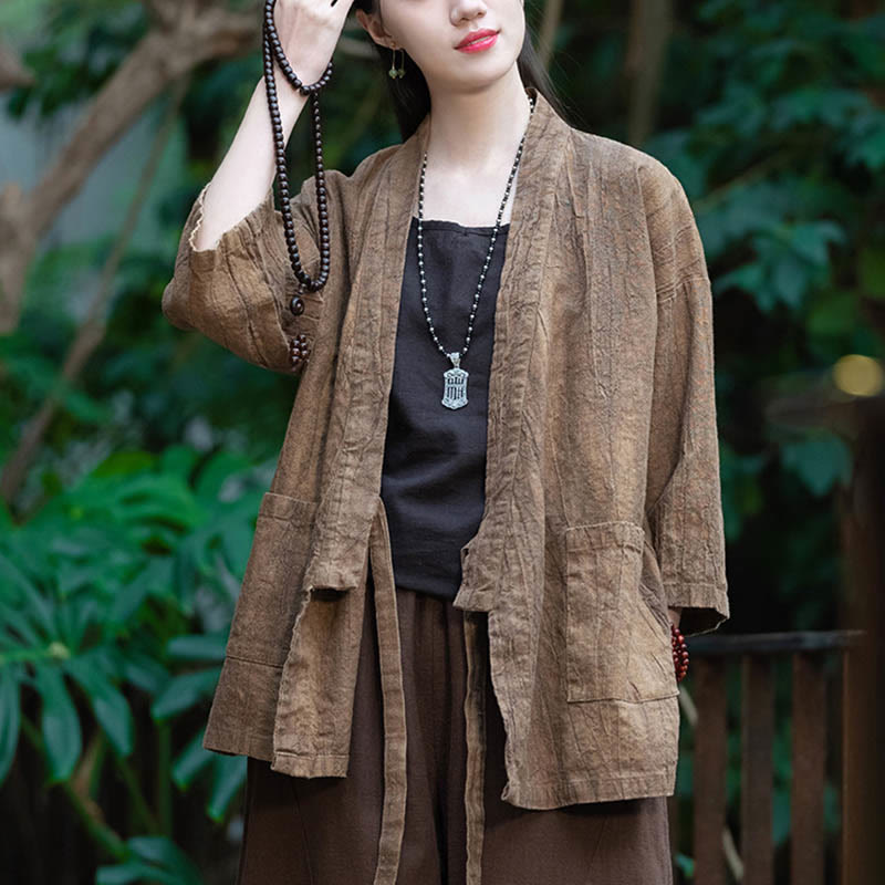 Buddha Stones Hanfu Design Dreiviertelärmel Ramie Leinen Mantel vorne offen Oberteil Jacke - image 14