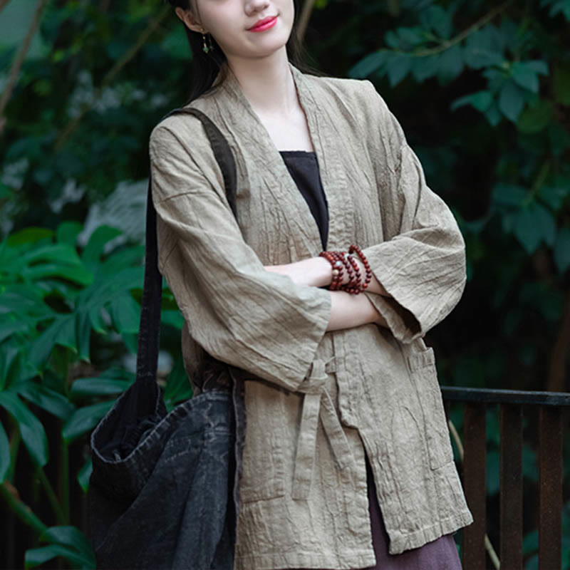 Buddha Stones Hanfu Design Dreiviertelärmel Ramie Leinen Mantel vorne offen Oberteil Jacke - image 6