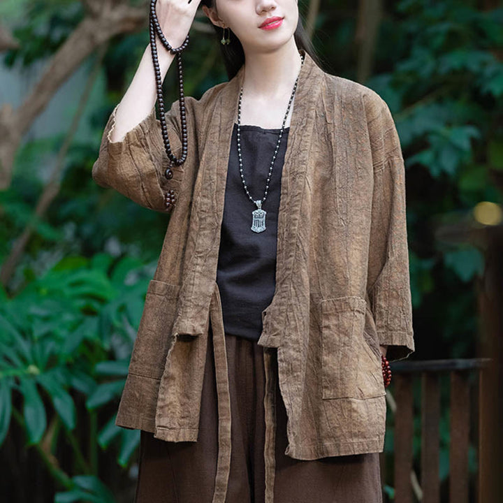 Buddha Stones Hanfu Design Dreiviertelärmel Ramie Leinen Mantel vorne offen Oberteil Jacke - image 14