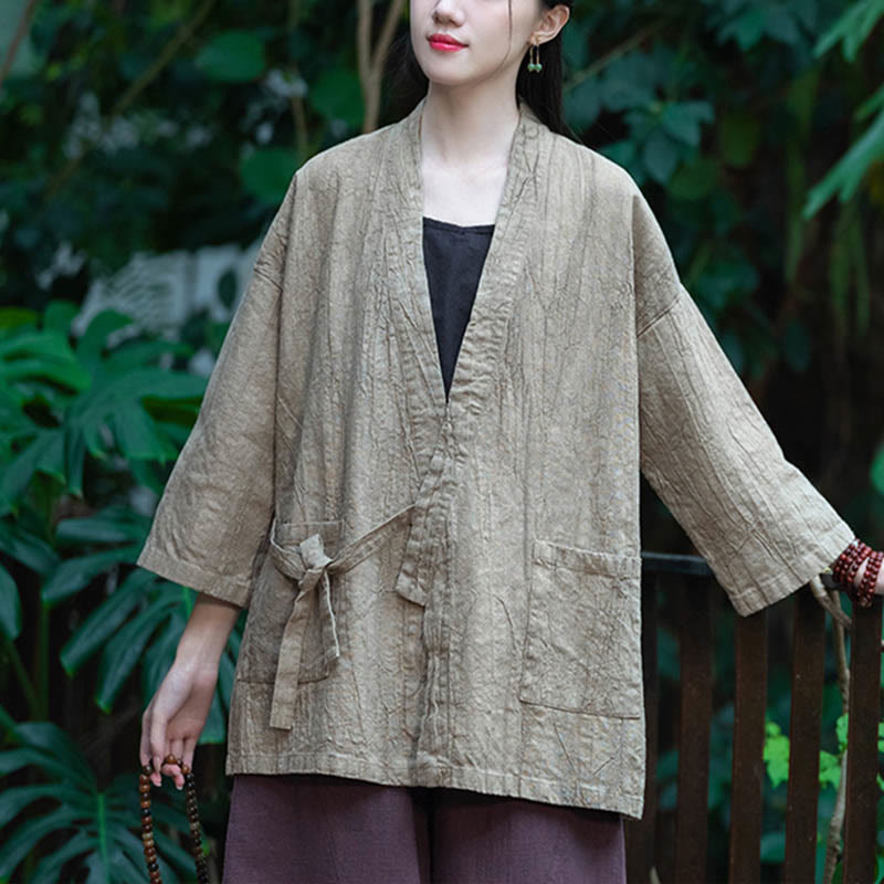 Buddha Stones Hanfu Design Dreiviertelärmel Ramie Leinen Mantel vorne offen Oberteil Jacke