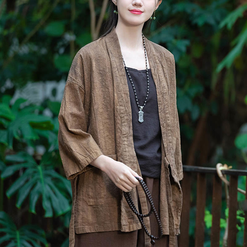 Buddha Stones Hanfu Design Dreiviertelärmel Ramie Leinen Mantel vorne offen Oberteil Jacke