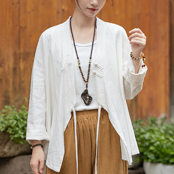 Buddha Stones Frosch-Knopf Hanfu Design Shirt Top Ramie Leinen Jacke - Weiß (Brustumfang 126 cm) (nur Oberteil) - image 6