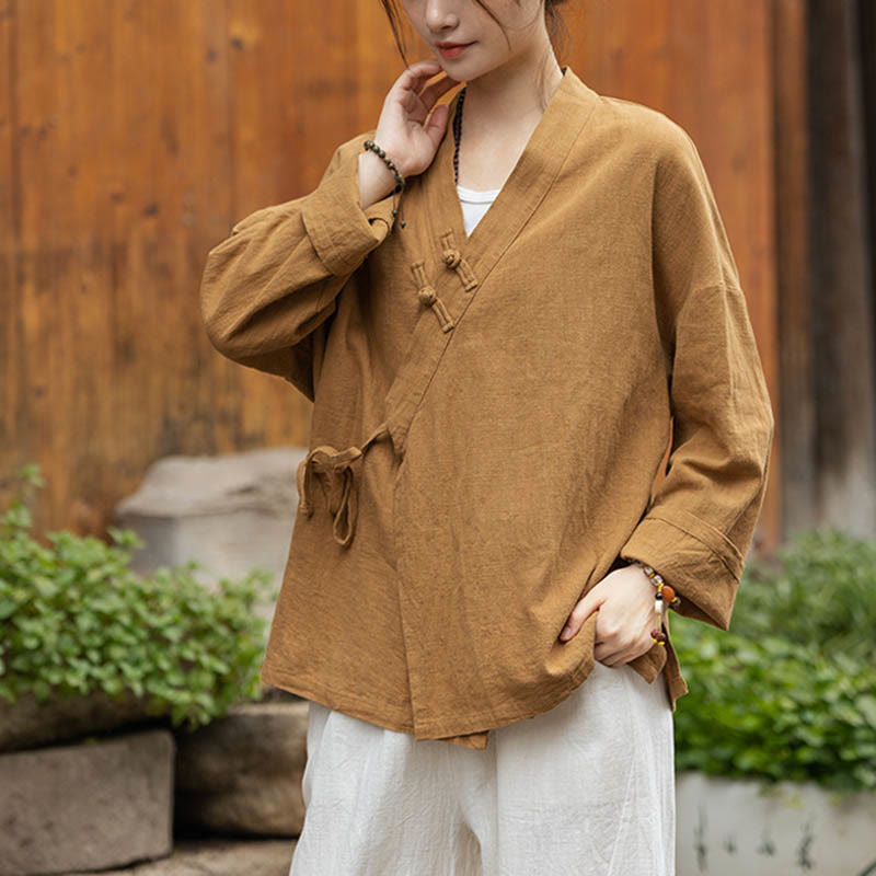 Buddha Stones Frosch-Knopf Hanfu Design Shirt Top Ramie Leinen Jacke - Gelb (Brustumfang 126 cm) (nur Oberteil) - image 0