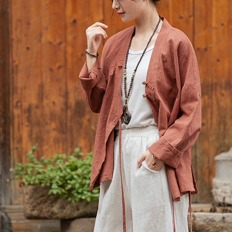 Buddha Stones Frosch-Knopf Hanfu Design Shirt Top Ramie Leinen Jacke - image 19
