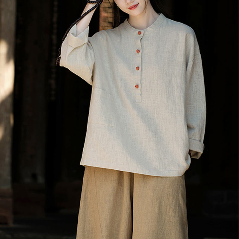 Buddha Stones Einfarbige, lockere Bluse mit Knöpfen, langärmeliges Hemdoberteil - Beige (Brustumfang 126 cm) (nur Oberteil) - image 12