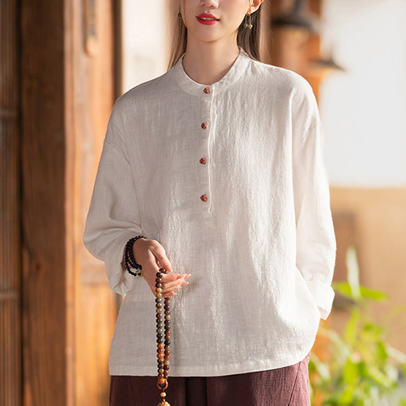 Buddha Stones Einfarbige, lockere Bluse mit Knöpfen, langärmeliges Hemdoberteil - Weiß (Brustumfang 126 cm) (nur Oberteil) - image 0