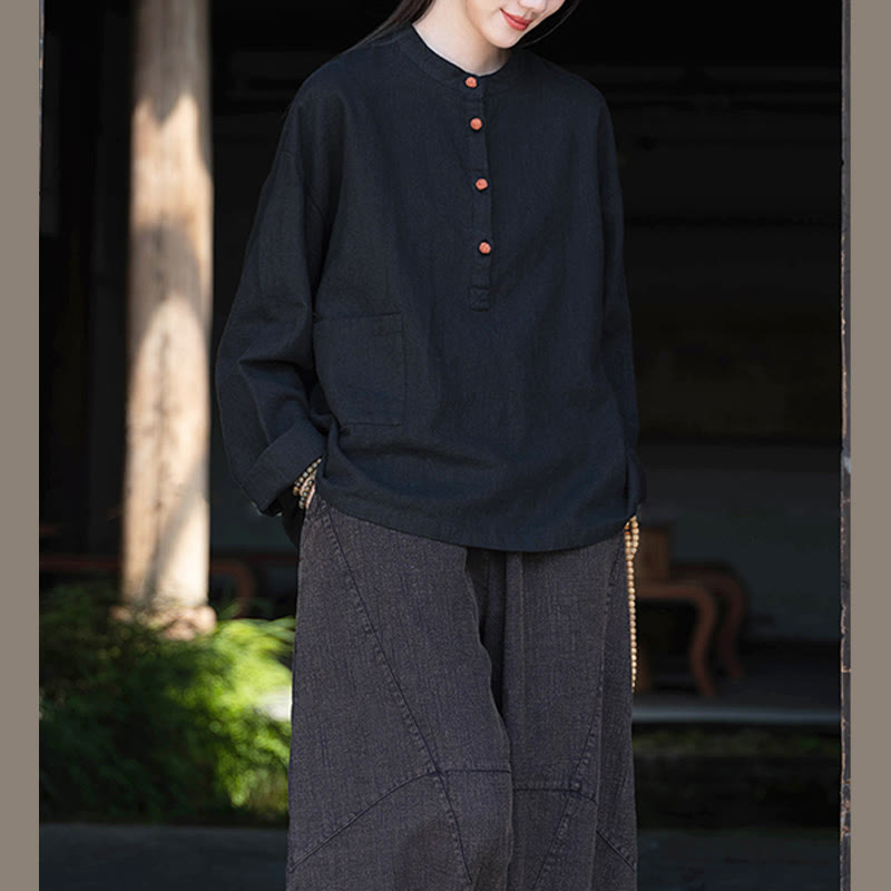 Buddha Stones Einfarbige, lockere Bluse mit Knöpfen, langärmeliges Hemdoberteil - Schwarz (Brustumfang 126 cm) (Nur Oberteil) - image 28