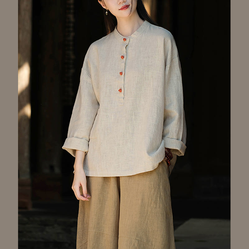 Buddha Stones Einfarbige, lockere Bluse mit Knöpfen, langärmeliges Hemdoberteil - image 17