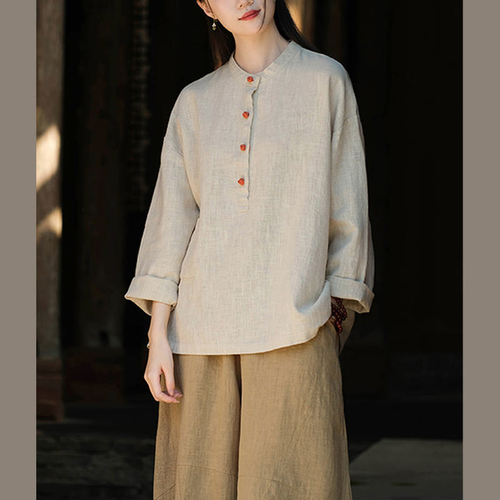 Buddha Stones Einfarbige, lockere Bluse mit Knöpfen, langärmeliges Hemdoberteil - image 17