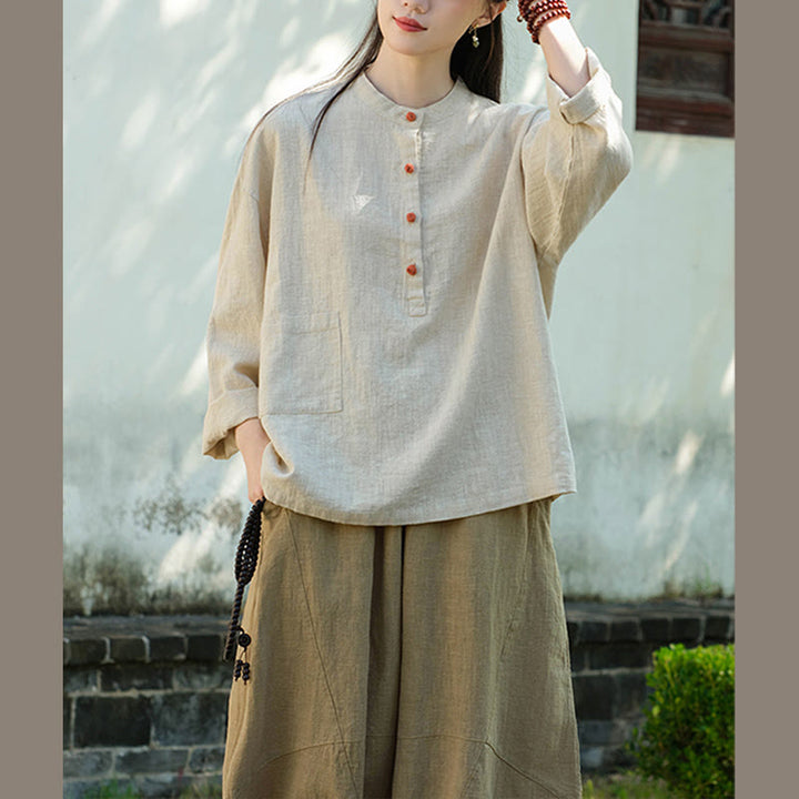 Buddha Stones Einfarbige, lockere Bluse mit Knöpfen, langärmeliges Hemdoberteil - image 15