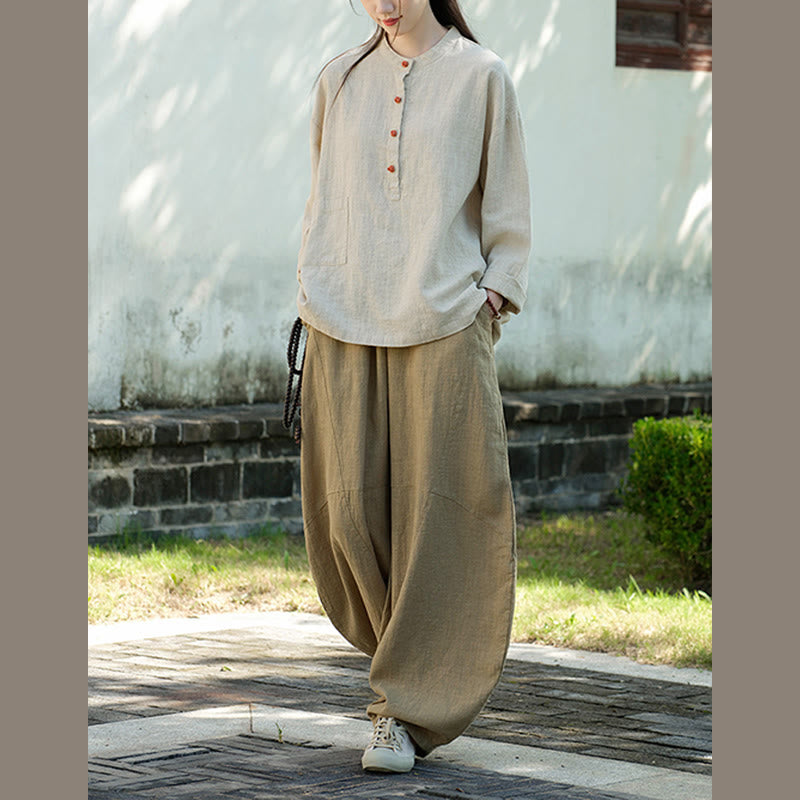 Buddha Stones Einfarbige, lockere Bluse mit Knöpfen, langärmeliges Hemdoberteil - image 19