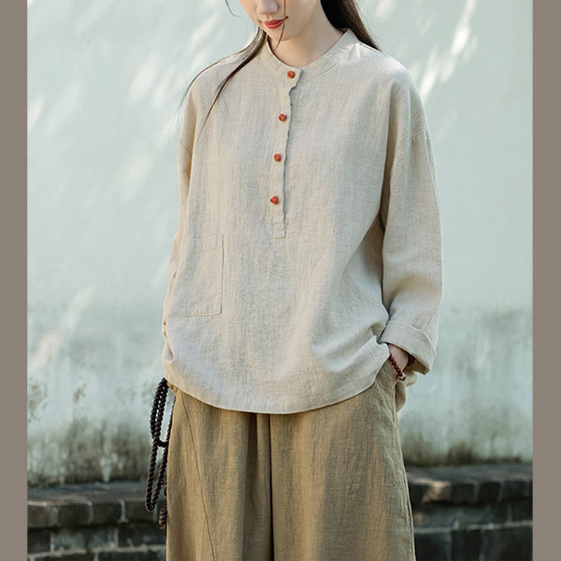 Buddha Stones Einfarbige, lockere Bluse mit Knöpfen, langärmeliges Hemdoberteil - image 14