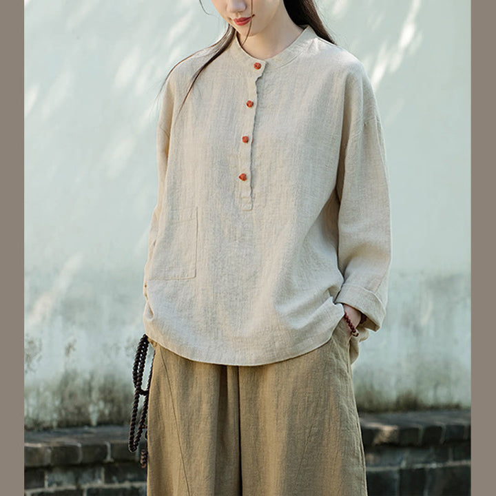 Buddha Stones Einfarbige, lockere Bluse mit Knöpfen, langärmeliges Hemdoberteil - image 14