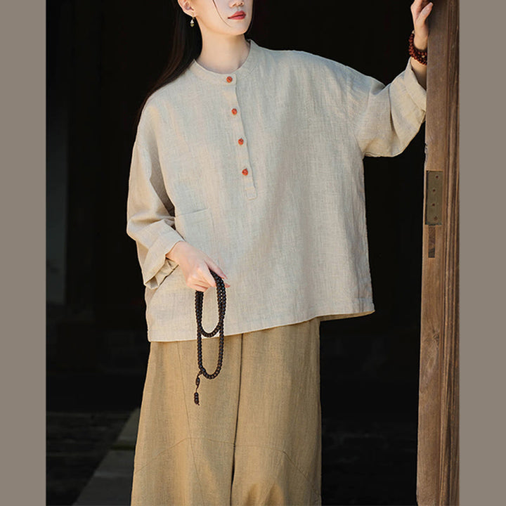 Buddha Stones Einfarbige, lockere Bluse mit Knöpfen, langärmeliges Hemdoberteil - image 18