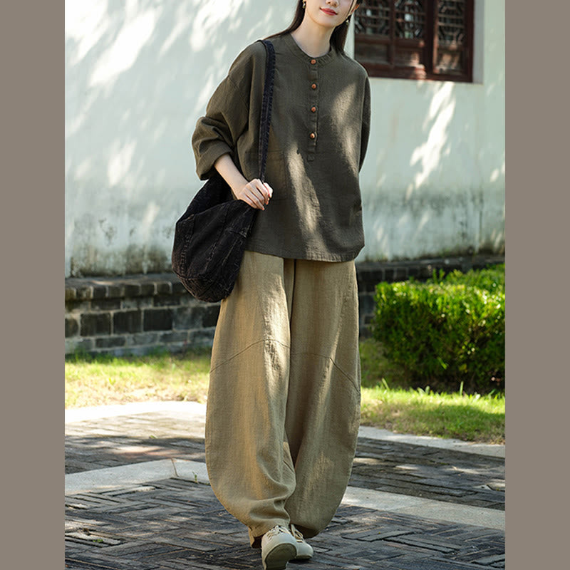 Buddha Stones Einfarbige, lockere Bluse mit Knöpfen, langärmeliges Hemdoberteil - image 26