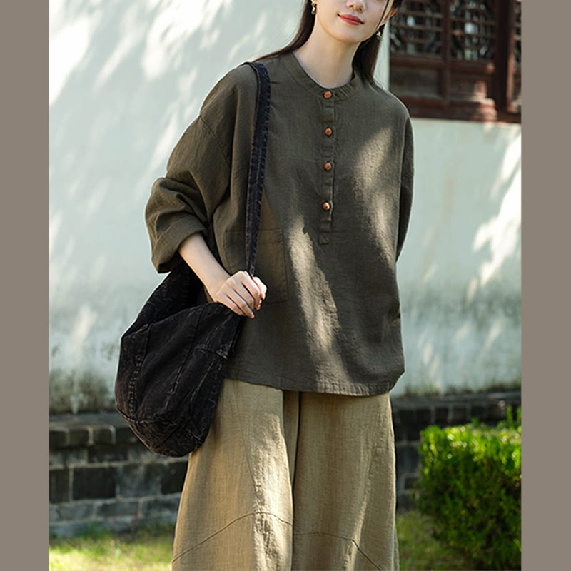 Buddha Stones Einfarbige, lockere Bluse mit Knöpfen, langärmeliges Hemdoberteil - image 25