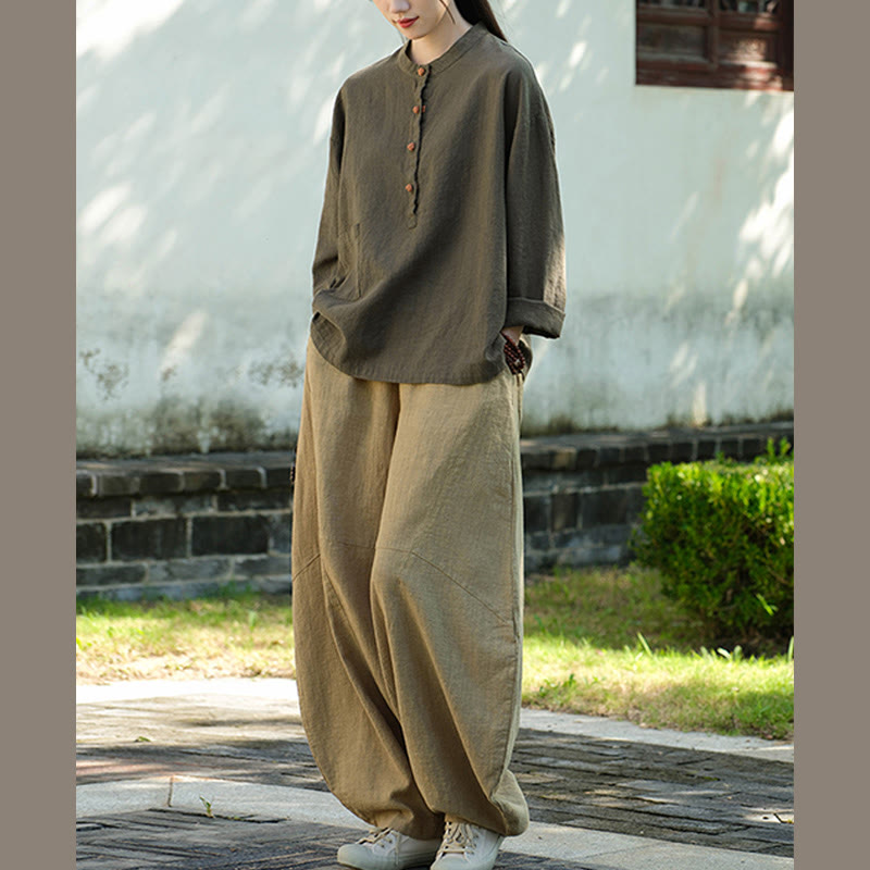 Buddha Stones Einfarbige, lockere Bluse mit Knöpfen, langärmeliges Hemdoberteil - image 27