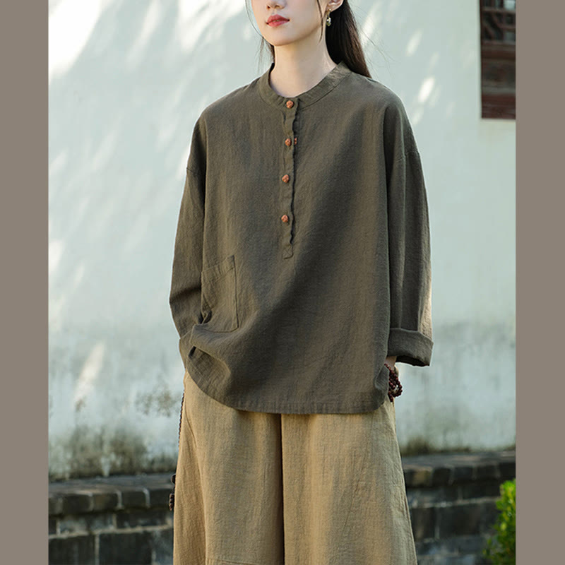 Buddha Stones Einfarbige, lockere Bluse mit Knöpfen, langärmeliges Hemdoberteil - image 23