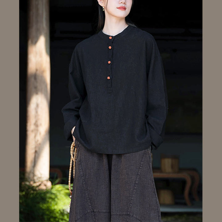 Buddha Stones Einfarbige, lockere Bluse mit Knöpfen, langärmeliges Hemdoberteil - image 31