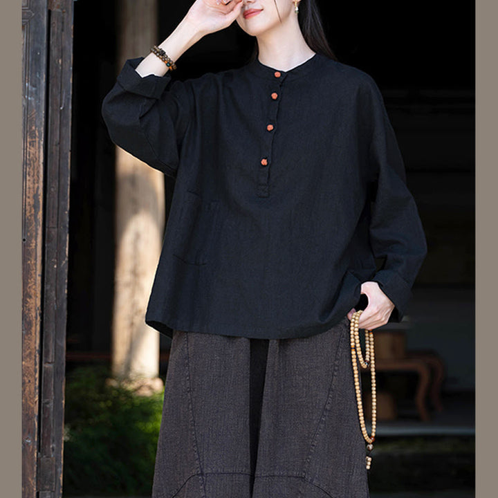 Buddha Stones Einfarbige, lockere Bluse mit Knöpfen, langärmeliges Hemdoberteil - image 32