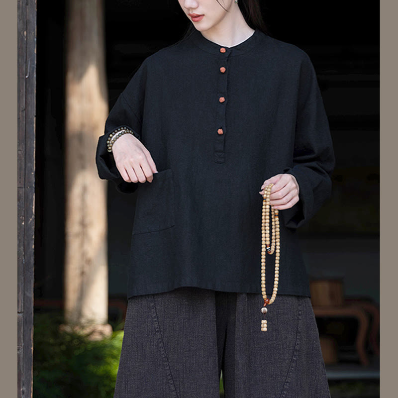 Buddha Stones Einfarbige, lockere Bluse mit Knöpfen, langärmeliges Hemdoberteil - image 33