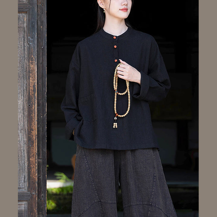 Buddha Stones Einfarbige, lockere Bluse mit Knöpfen, langärmeliges Hemdoberteil - image 35