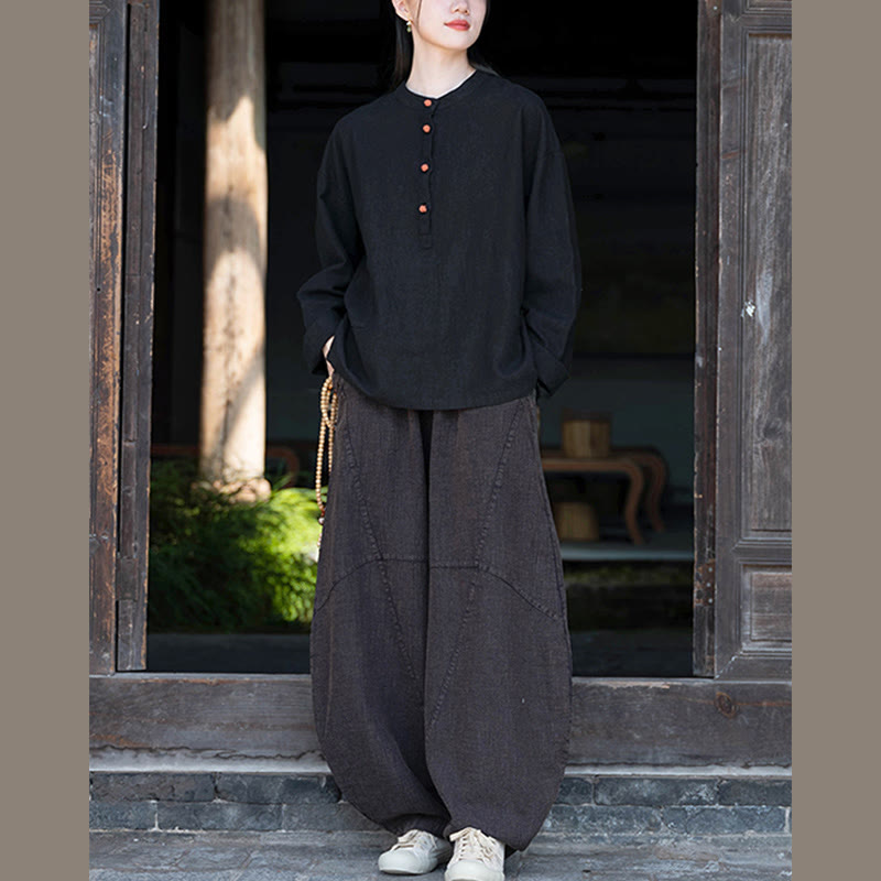 Buddha Stones Einfarbige, lockere Bluse mit Knöpfen, langärmeliges Hemdoberteil - image 37