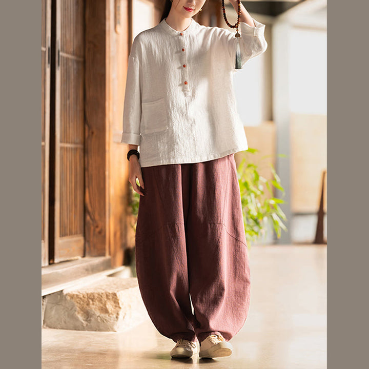 Buddha Stones Einfarbige, lockere Bluse mit Knöpfen, langärmeliges Hemdoberteil - image 10