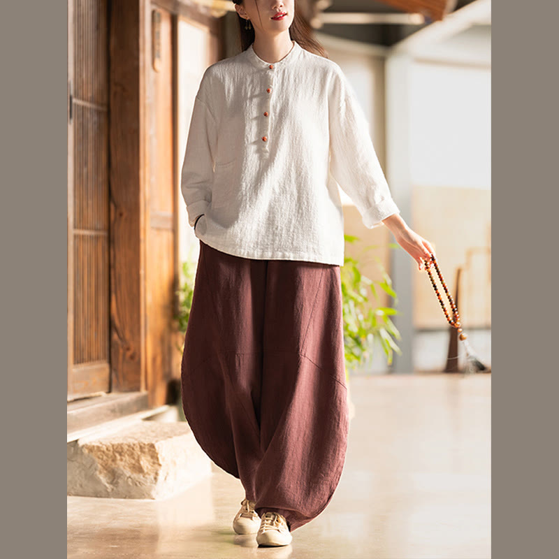 Buddha Stones Einfarbige, lockere Bluse mit Knöpfen, langärmeliges Hemdoberteil - image 11