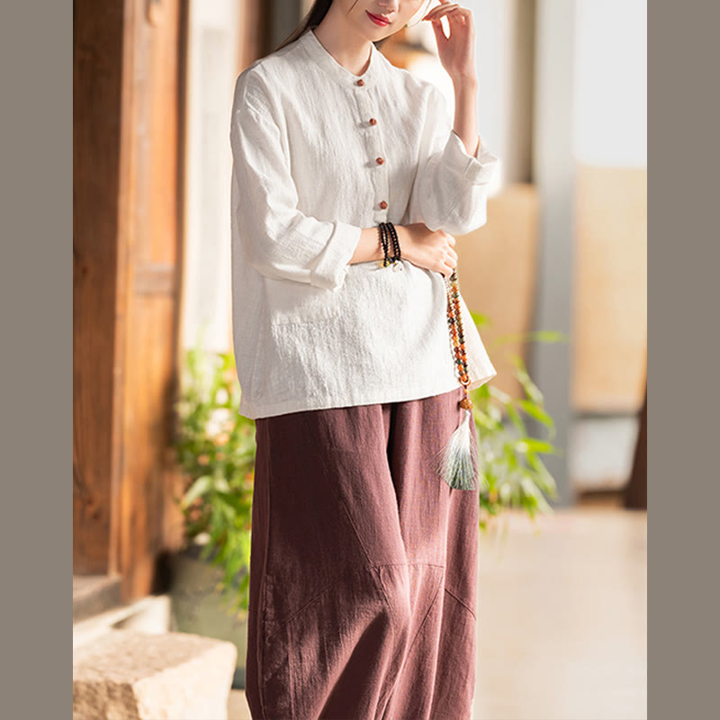 Buddha Stones Einfarbige, lockere Bluse mit Knöpfen, langärmeliges Hemdoberteil - image 8