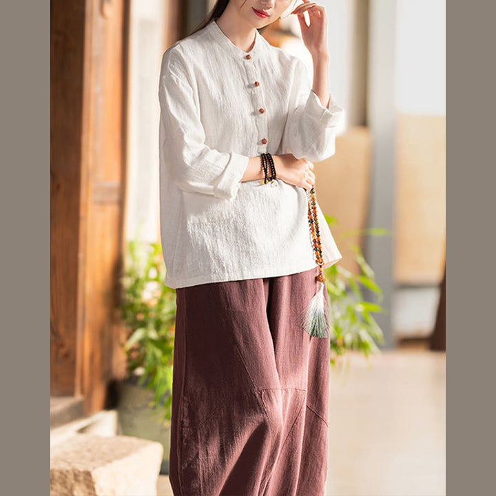 Buddha Stones Einfarbige, lockere Bluse mit Knöpfen, langärmeliges Hemdoberteil - image 8