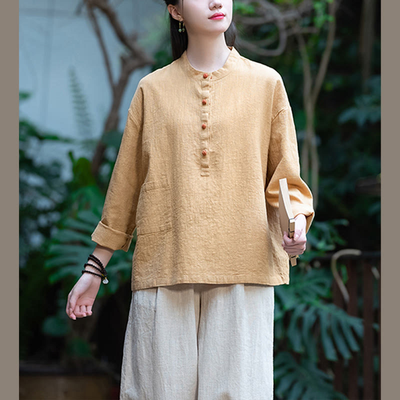 Buddha Stones Einfarbige, lockere Bluse mit Knöpfen, langärmeliges Hemdoberteil - image 39