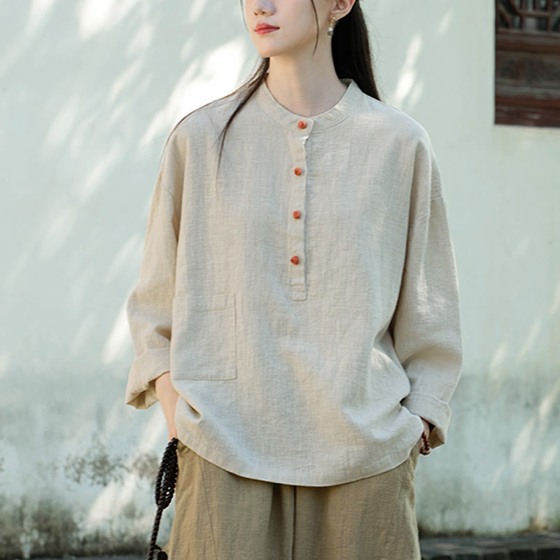 Buddha Stones Einfarbige, lockere Bluse mit Knöpfen, langärmeliges Hemdoberteil - image 13