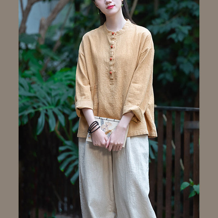 Buddha Stones Einfarbige, lockere Bluse mit Knöpfen, langärmeliges Hemdoberteil - image 42