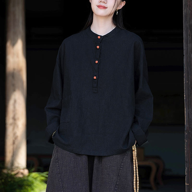 Buddha Stones Einfarbige, lockere Bluse mit Knöpfen, langärmeliges Hemdoberteil - image 34