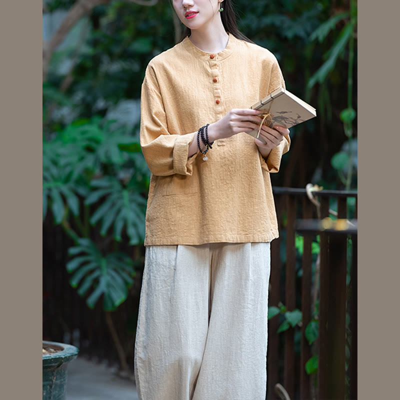 Buddha Stones Einfarbige, lockere Bluse mit Knöpfen, langärmeliges Hemdoberteil - image 43