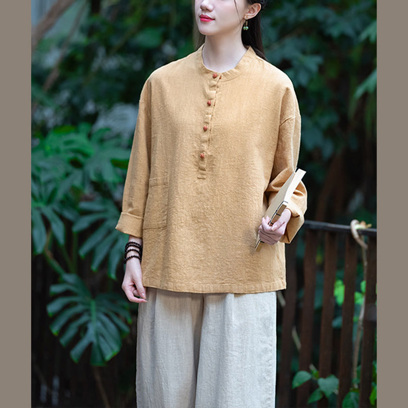 Buddha Stones Einfarbige, lockere Bluse mit Knöpfen, langärmeliges Hemdoberteil - image 44