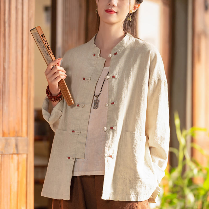 Buddha Stones Frosch-Knopf-Shirt Zen Meditation Top Kleidung Baumwolle Leinen Jacke - Beige (Brustumfang 120 cm) (nur Oberteil) - image 0