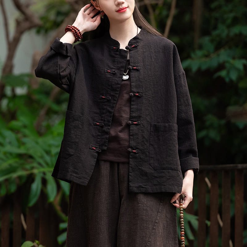 Buddha Stones Frosch-Knopf-Shirt Zen Meditation Top Kleidung Baumwolle Leinen Jacke - Schwarz (Brustumfang 120 cm) (nur Oberteil) - image 7