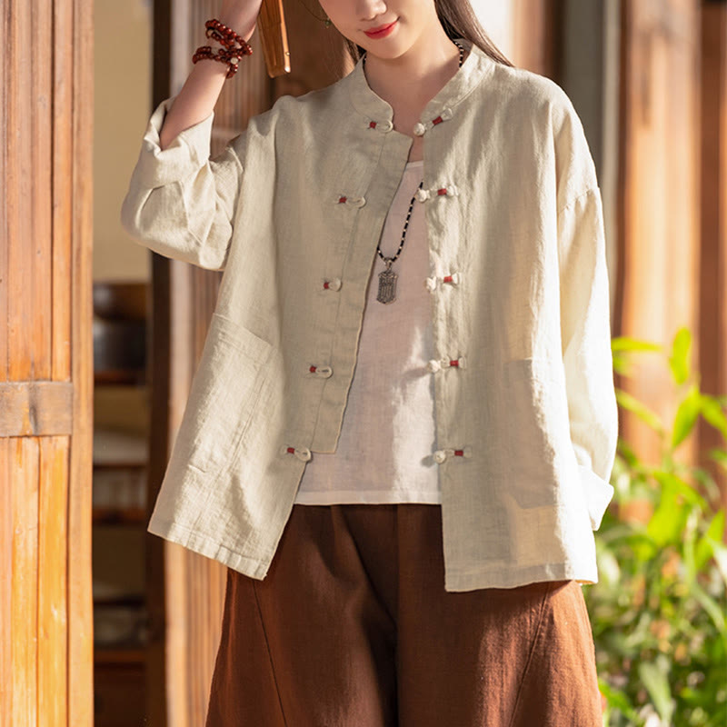 Buddha Stones Frosch-Knopf-Shirt Zen Meditation Top Kleidung Baumwolle Leinen Jacke - image 1