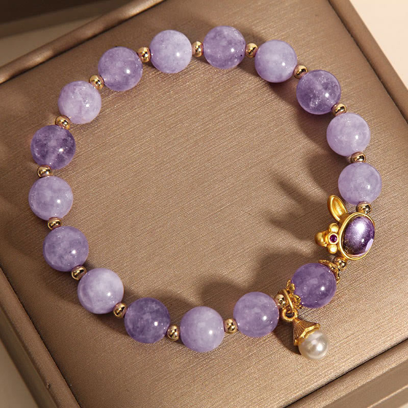 Buddha Stones Glücksarmband mit natürlichem violettem Quarzit und Kaninchenmotiv - image 9