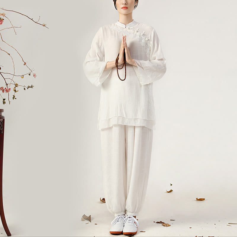 Buddha Stones 2-teiliges Langarm-Set mit Frosch-Knopf für Meditation, Gebet, Zen-Praxis, Tai Chi, Uniform, Kleidung für Damen - Weißer seitlicher Froschknopf (Oberteil & Hose) - US 8-10, UK/AU 12-14, EU 40-42 (2XL) - image 0