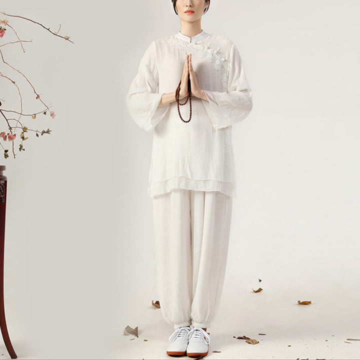Buddha Stones 2-teiliges Langarm-Set mit Frosch-Knopf für Meditation, Gebet, Zen-Praxis, Tai Chi, Uniform, Kleidung für Damen - Weißer seitlicher Froschknopf (Oberteil & Hose) - US 8-10, UK/AU 12-14, EU 40-42 (2XL) - image 0