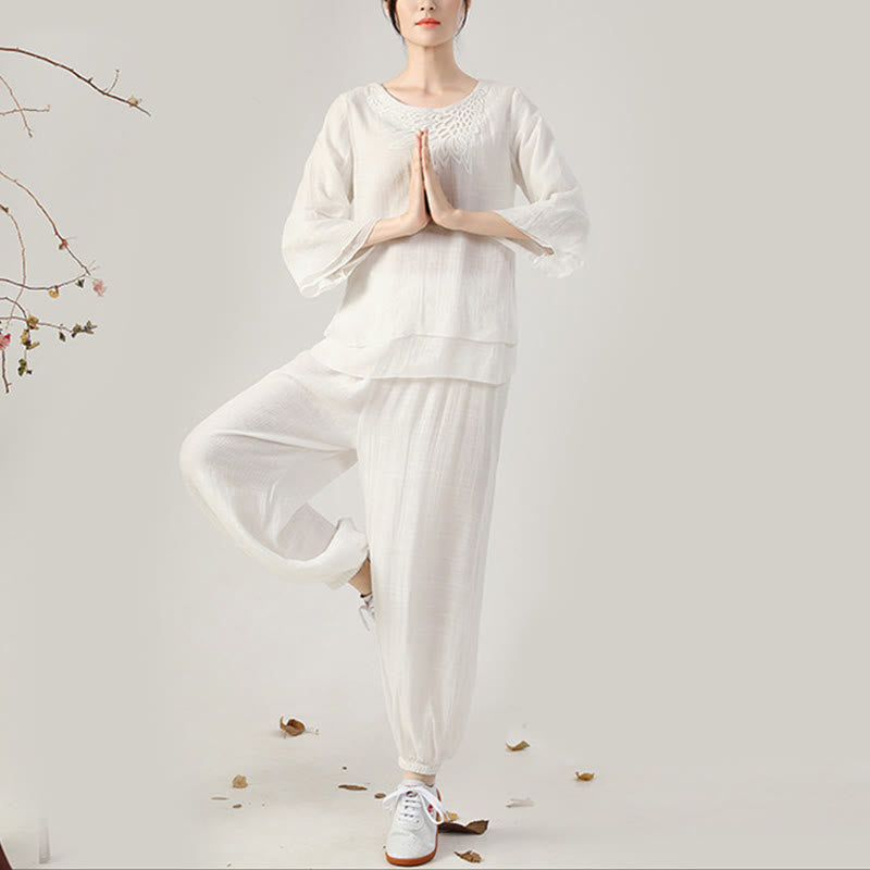 Buddha Stones 2-teiliges Langarm-Set mit Frosch-Knopf für Meditation, Gebet, Zen-Praxis, Tai Chi, Uniform, Kleidung für Damen - Weißes Set mit Rundhalsausschnitt (Oberteil & Hose) - US 8-10, UK/AU 12-14, EU 40-42 (2XL) - image 11