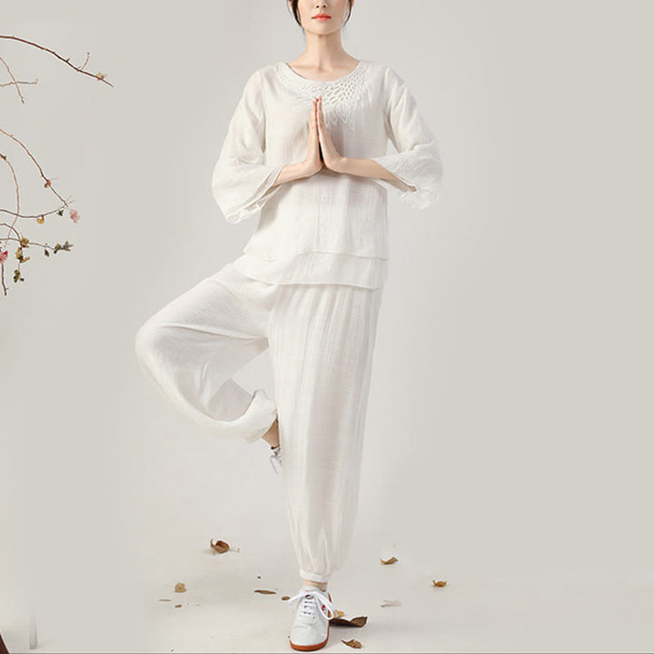 Buddha Stones 2-teiliges Langarm-Set mit Frosch-Knopf für Meditation, Gebet, Zen-Praxis, Tai Chi, Uniform, Kleidung für Damen - Weißes Set mit Rundhalsausschnitt (Oberteil & Hose) - US 8-10, UK/AU 12-14, EU 40-42 (2XL) - image 11
