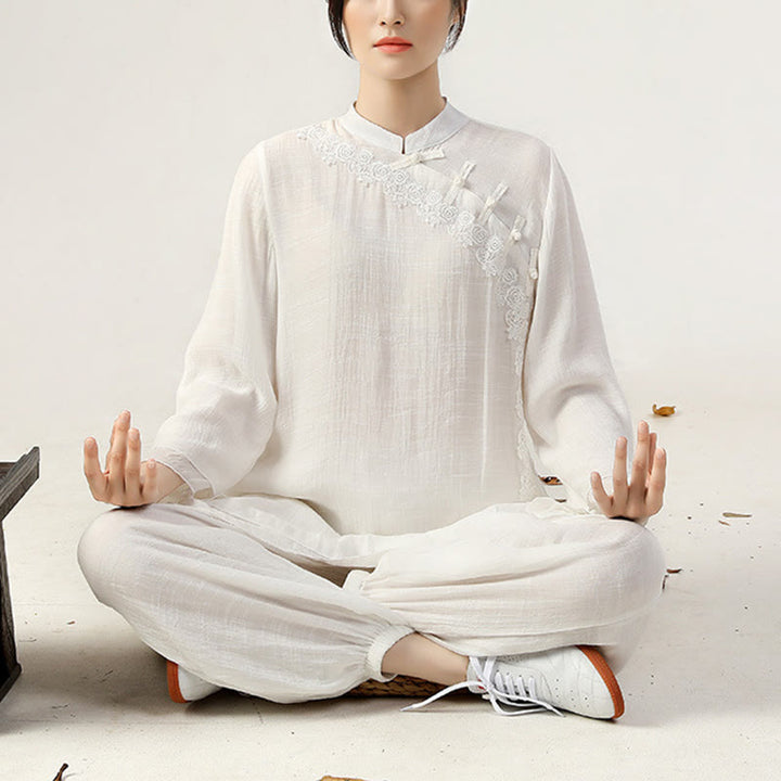 Buddha Stones 2-teiliges Langarm-Set mit Frosch-Knopf für Meditation, Gebet, Zen-Praxis, Tai Chi, Uniform, Kleidung für Damen - image 1