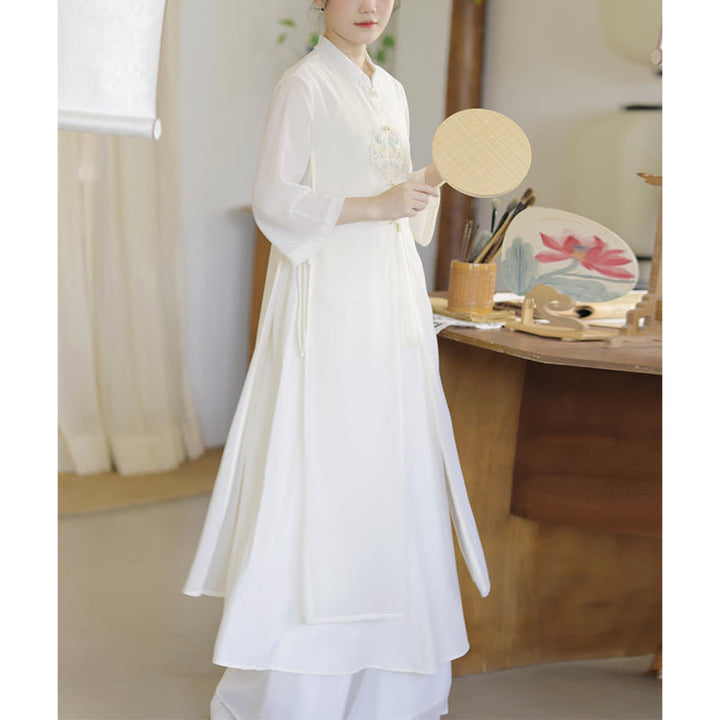 Buddha-Steine-Stickerei, Chiffon-Cheongsam, Midikleid, weite Hose, Meditations- und Zen-Praxiskleidung - Nur Kleid - US8-10， UK/AU12-14，EU40-42 (2XL) - image 0