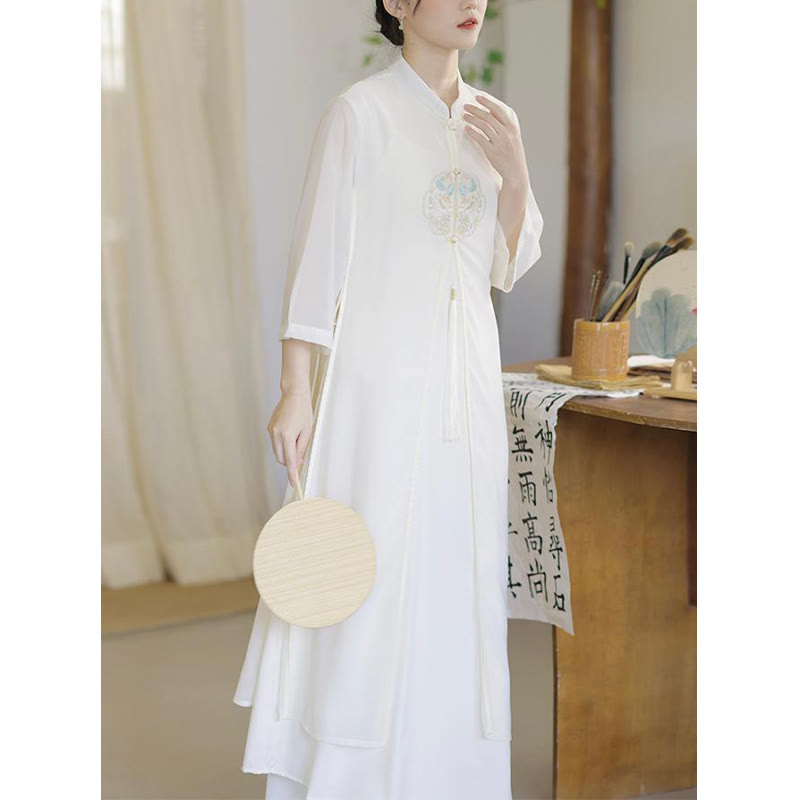 Buddha-Steine-Stickerei, Chiffon-Cheongsam, Midikleid, weite Hose, Meditations- und Zen-Praxiskleidung - image 7