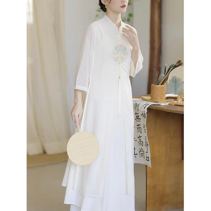 Buddha-Steine-Stickerei, Chiffon-Cheongsam, Midikleid, weite Hose, Meditations- und Zen-Praxiskleidung - image 7
