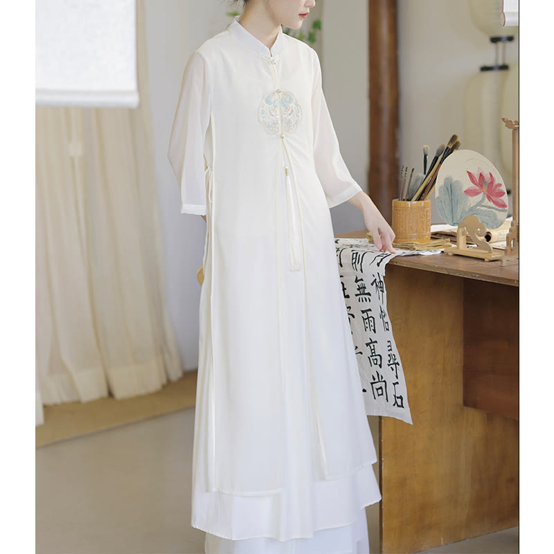 Buddha-Steine-Stickerei, Chiffon-Cheongsam, Midikleid, weite Hose, Meditations- und Zen-Praxiskleidung - image 8